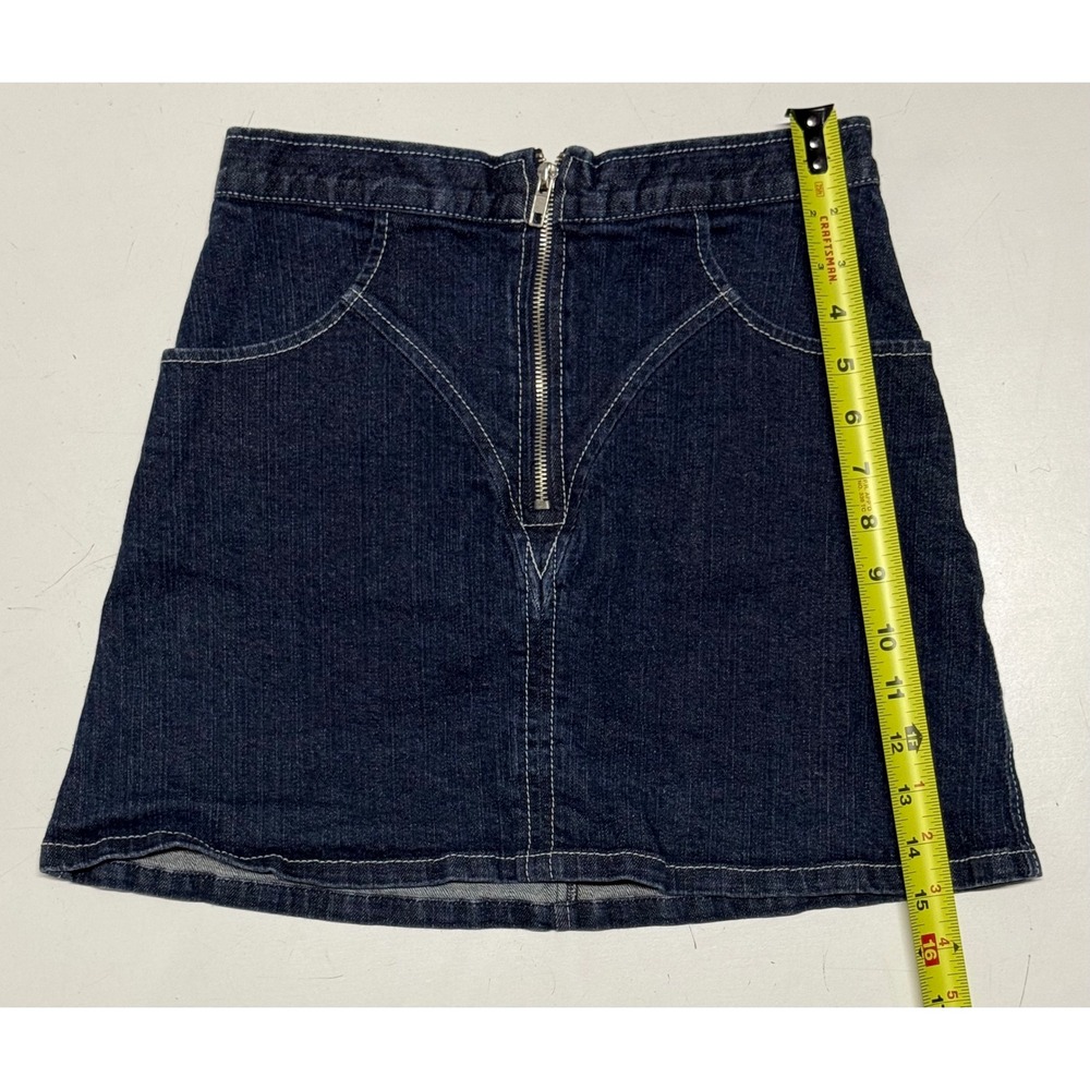 Reformation Dark Wash Denim Mini Skirt Exposed Zipper Contrast Stitch Size 4 USA